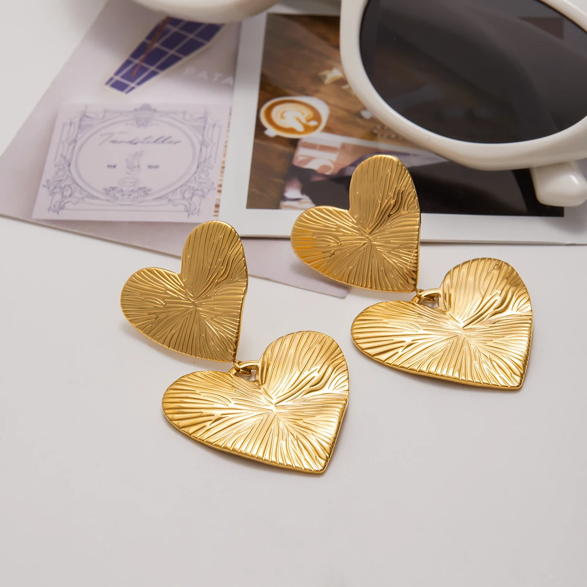 Gold Stainless Steel Textured Heart Earrings 4 Gold Stainless Steel Textured Heart Earrings - Image 4