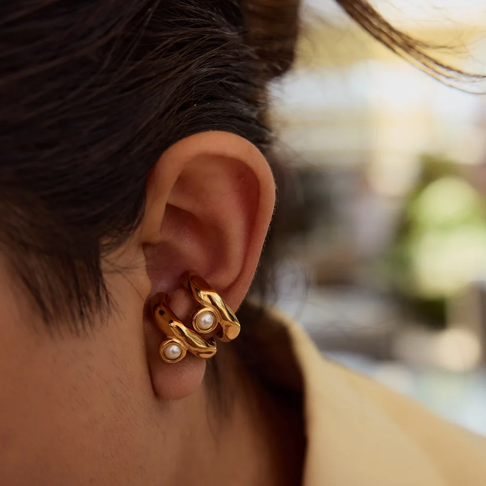 Gold Stainless Steel Pearl Clip Earrings 2 Gold Stainless Steel Pearl Clip Earrings - Image 2