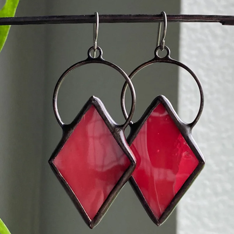 Vintage Rhombus Drop Earrings with Red Stone 2 Vintage Rhombus Drop Earrings with Red Stone - Image 2