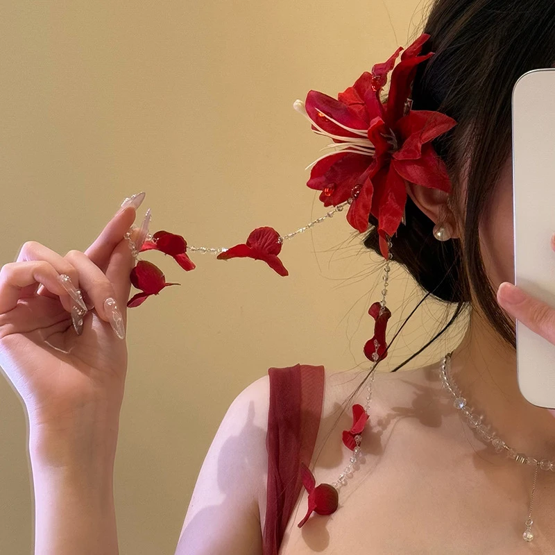 Red Flower Hairpin with Cascading Beads 2 Red Flower Hairpin with Cascading Beads - Image 2