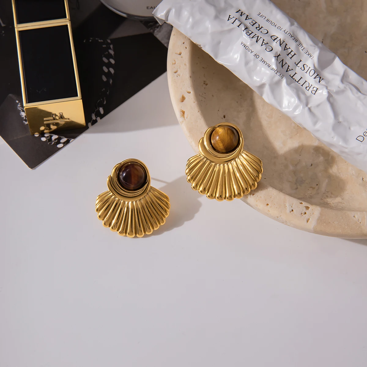 Vintage Stainless Steel Tiger Eye Stud Earrings 6 Vintage Stainless Steel Tiger Eye Stud Earrings - Image 6