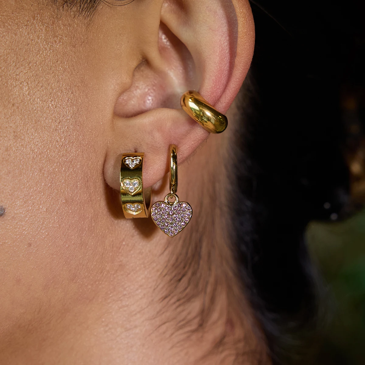 Stainless Steel Heart Zirconia Hoop Earrings 2 Stainless Steel Heart Zirconia Hoop Earrings - Image 2