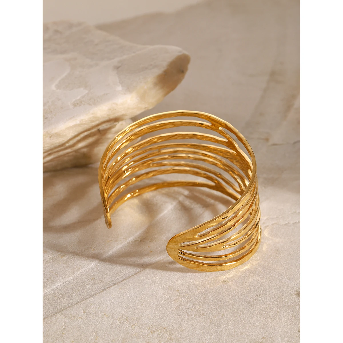 Gold Stainless Steel Wide Hollow Cuff Bracelet 3 Gold Stainless Steel Wide Hollow Cuff Bracelet - Image 3