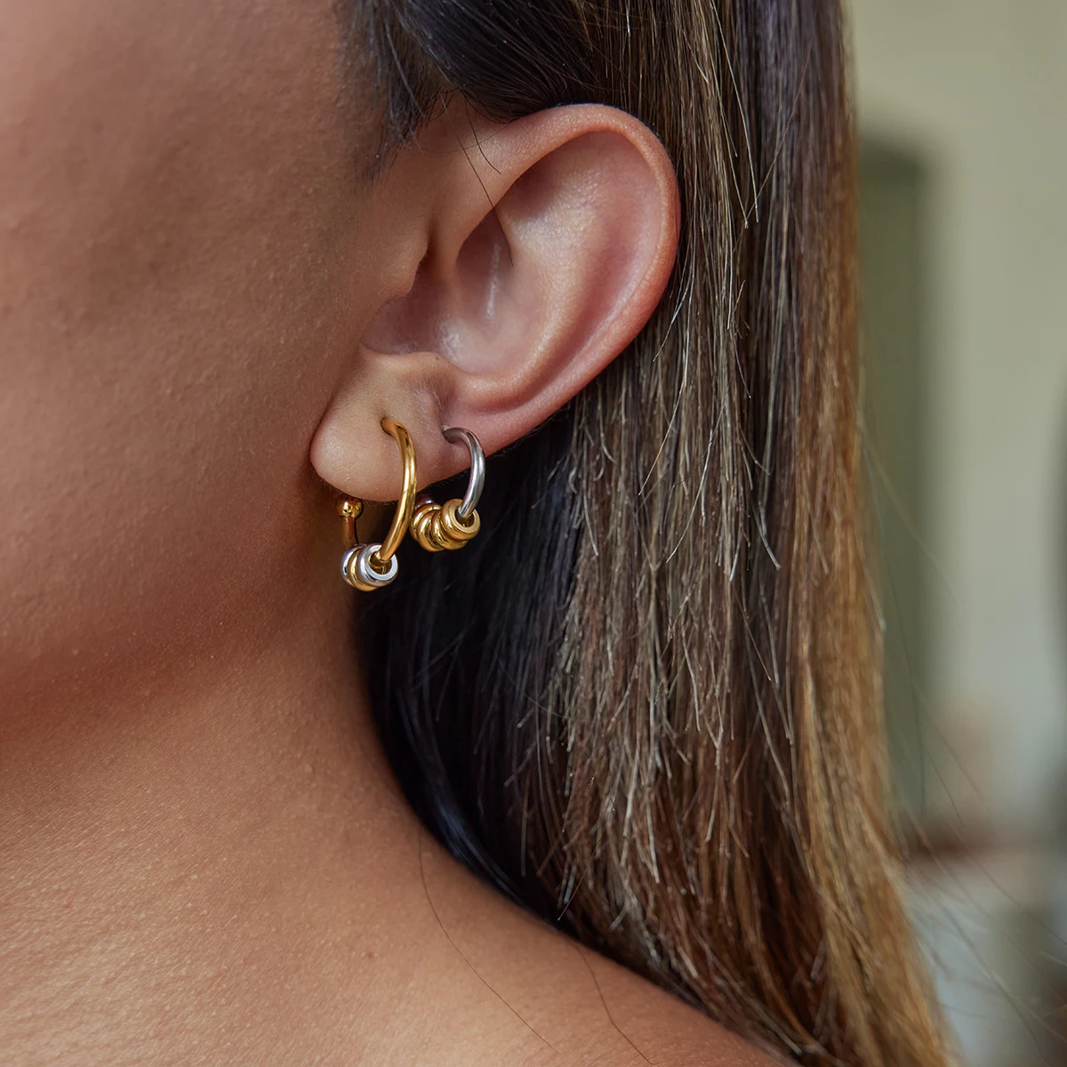 Stainless Steel Earrings with Gold Accents 3 Stainless Steel Earrings with Gold Accents - Image 3