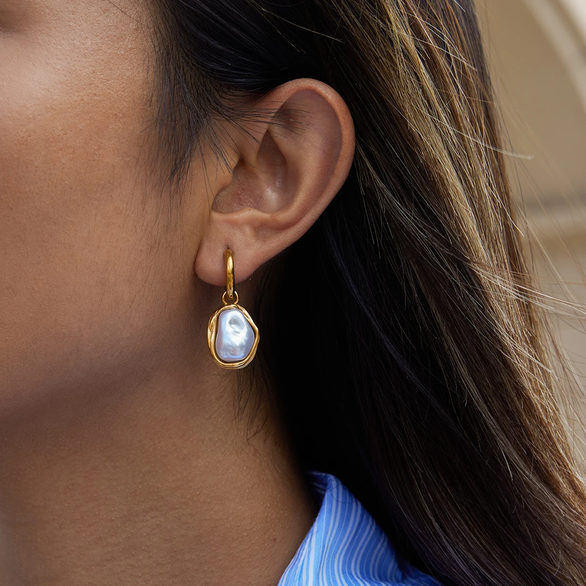 Elegant Gold Stainless Steel Pearls Earrings 3 Elegant Gold Stainless Steel Pearls Earrings - Image 3