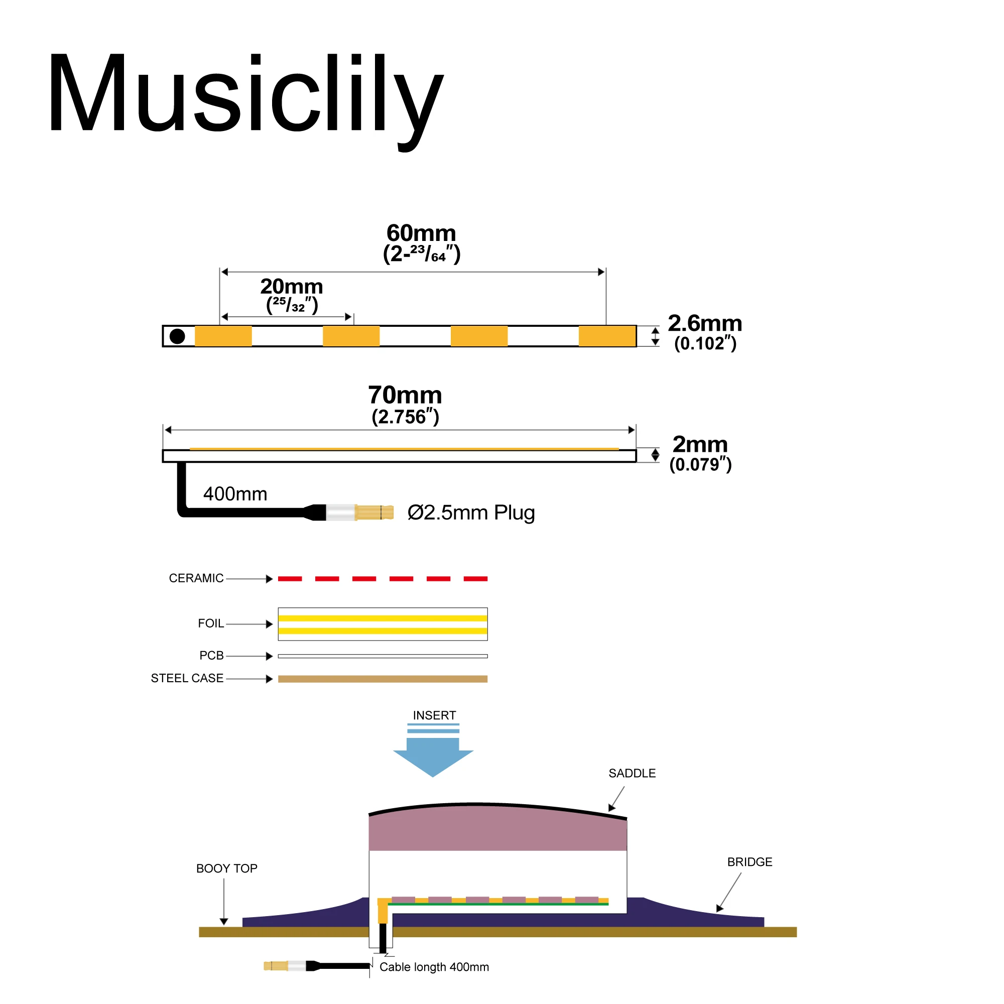 Ceramic Piezo Pickup for 4-String Bass Guitar 2 Ceramic Piezo Pickup for 4-String Bass Guitar - Image 2