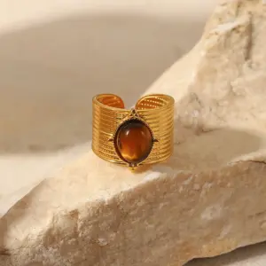 Stainless Steel Women's Wide Tiger's Eye Ring