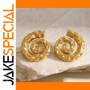 Gold Spiral Hammer Pattern Stainless Steel Earrings