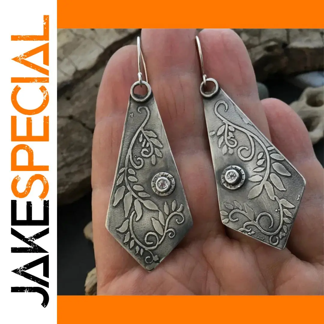 Vintage Irregular Polygon Earrings with Botanical Engraving 1 Vintage Irregular Polygon Earrings with Botanical Engraving