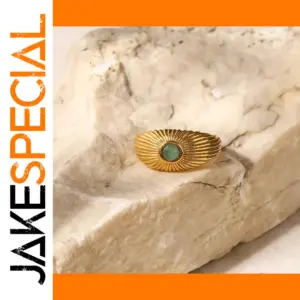 Stainless Steel Gold Ring with Green Stone