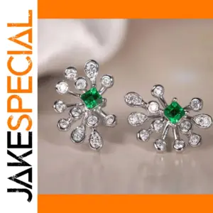 Elegant Silver Floral Earrings with Green Zirconia