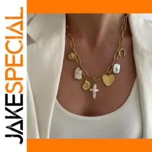 Gold Stainless Steel Paper Clip Necklace with Charms