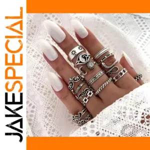 Punk-Inspired 16-Piece Ring Set with Motifs