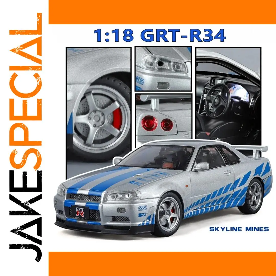 Silver Nissan Skyline GTR-R34 Diecast Model 1:18 Scale 1 Silver Nissan Skyline GTR-R34 Diecast Model 1:18 Scale