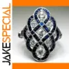 Vintage Silver-Inspired Geometric Ring with Dark Blue Zircon