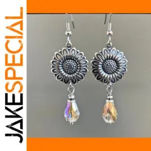 Vintage Sunflower Dangle Earrings with Crystals