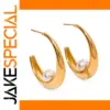 Gold Stainless Steel C-Shape Earrings with Pearl