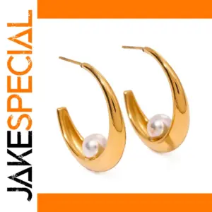 Gold Stainless Steel C-Shape Earrings with Pearl