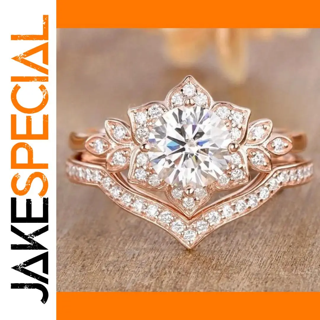 Rose Gold Flower Ring Set with Zircon Stones 1 Rose Gold Flower Ring Set with Zircon Stones