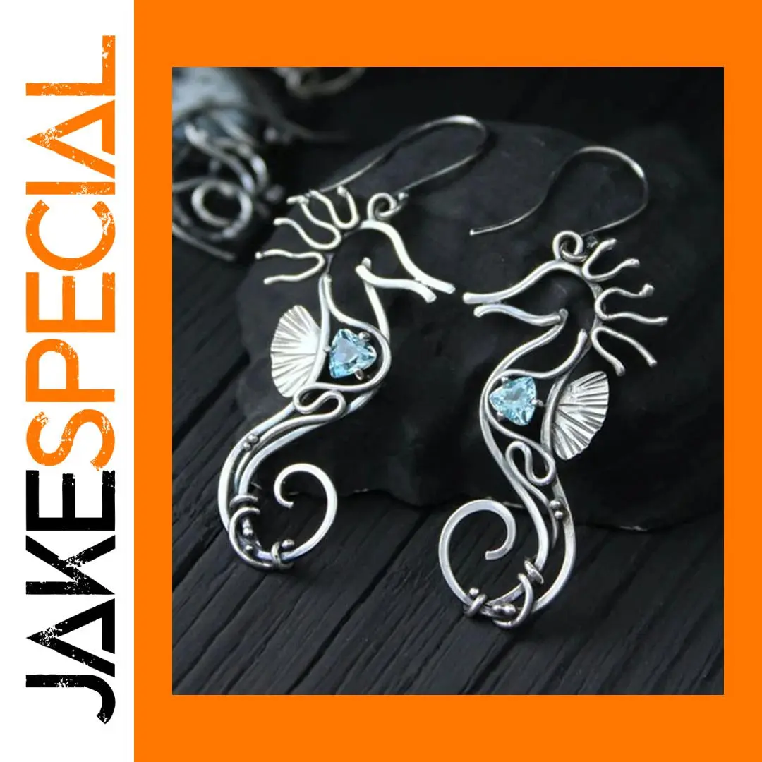 Vintage Seahorse Drop Earrings with Blue Gem 1 Vintage Seahorse Drop Earrings with Blue Gem