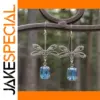 Vintage Dragonfly Drop Earrings with Blue Gem