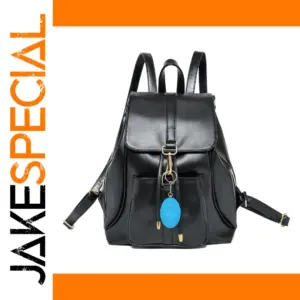 Black Textured Leather Backpack with Gold Accents