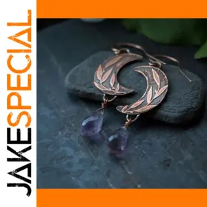 Vintage Moon Leaf Dangle Earrings with Purple Beads