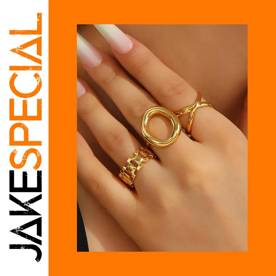Stylish Set of Three Gold Geometric Rings 1 Stylish Set of Three Gold Geometric Rings