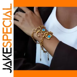 Gold Stainless Steel Bracelet with Blue Horseshoe Pendant