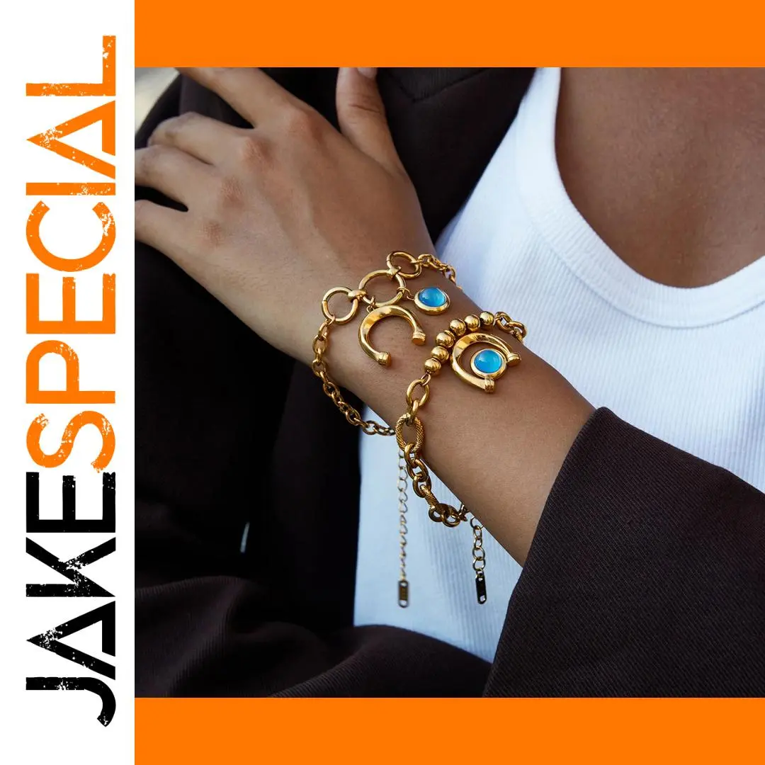 Gold Stainless Steel Bracelet with Blue Horseshoe Pendant 1 Gold Stainless Steel Bracelet with Blue Horseshoe Pendant