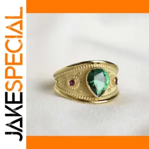 Elegant Gold Ring with Green and Red Stones