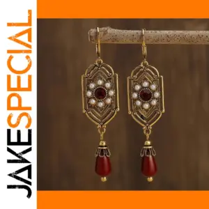 Vintage Gold Drop Earrings with Red Accents