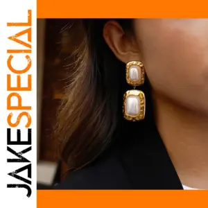 Gold Stainless Steel Geometric Pearl Earrings