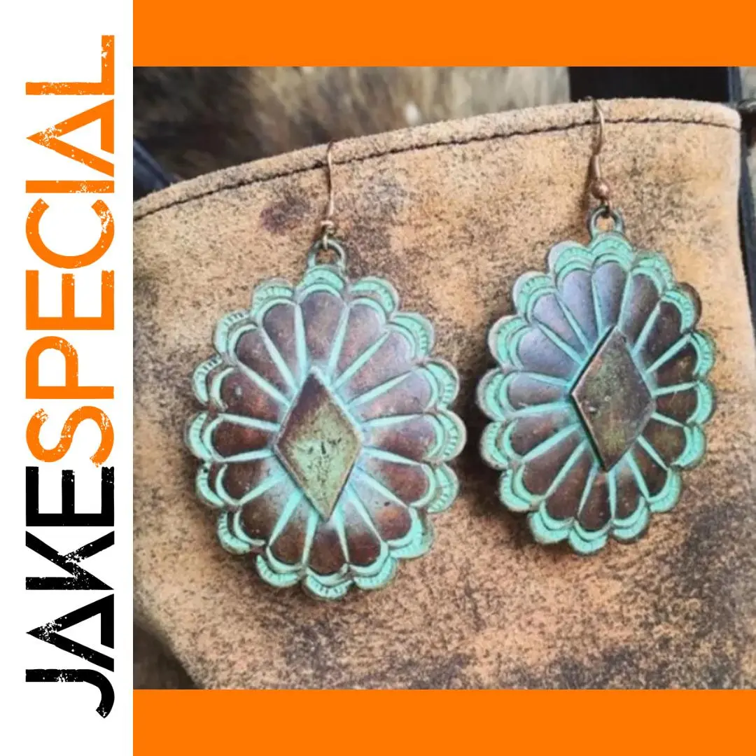 Vintage Red Copper Drop Earrings with Floral Design 1 Vintage Red Copper Drop Earrings with Floral Design