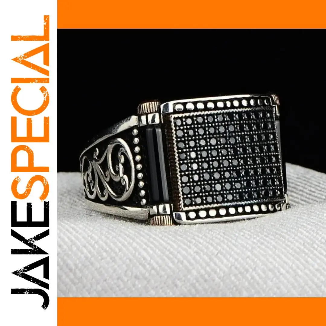 Men's Black Zircon Cocktail Ring with Silver Accents 1 Men's Black Zircon Cocktail Ring with Silver Accents