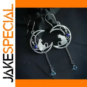 Silver Moon Cat Drop Earrings