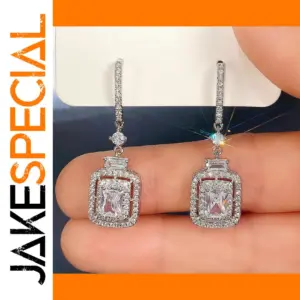 Silver Dangle Earrings with Cushion CZ Stone