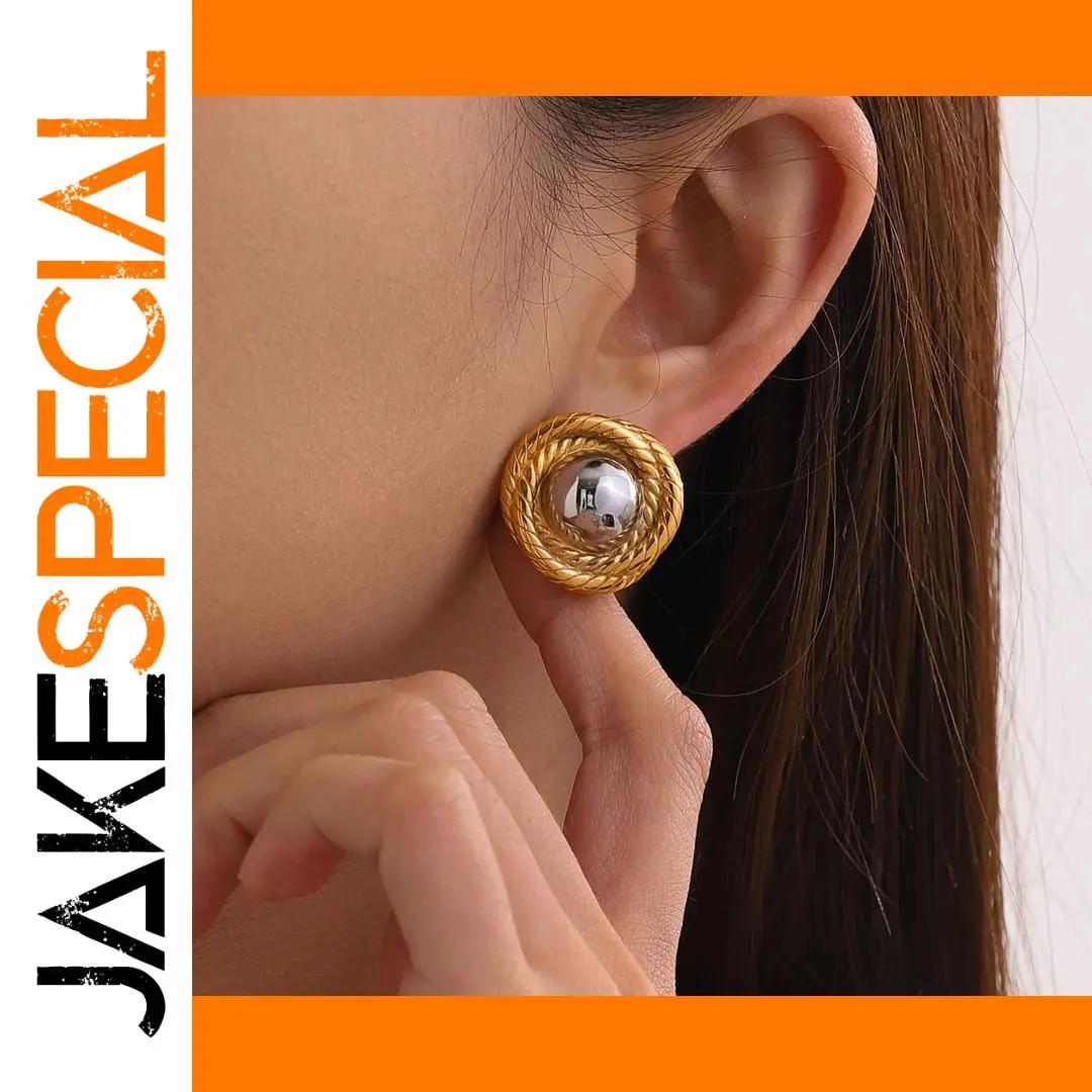 Vintage Gold Stainless Steel Round Stud Earrings 1 Vintage Gold Stainless Steel Round Stud Earrings