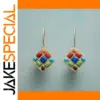 Vintage Silver Geometric Drop Earrings with Multi-Color Cabochons