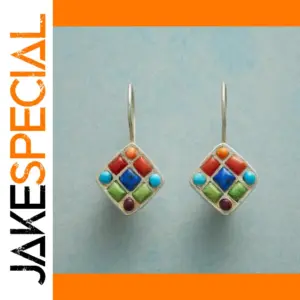 Vintage Silver Geometric Drop Earrings with Multi-Color Cabochons