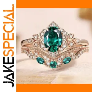 Rose Gold Women's Ring Set with Green Zircon