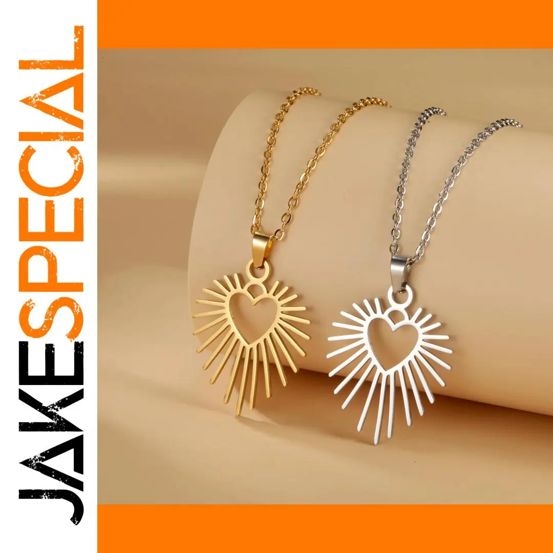 Stainless Steel Sunburst Heart Necklace 1 Stainless Steel Sunburst Heart Necklace