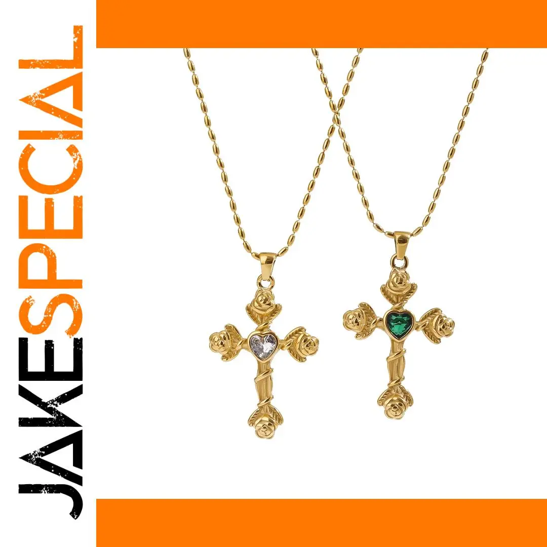 Elegant Stainless Steel Rose Cross Necklace Set 1 Elegant Stainless Steel Rose Cross Necklace Set