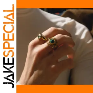 Vintage Gold Tone Stainless Steel Ring with Dark Green Gem