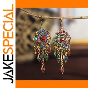 Vintage Ethnic Drop Earrings with Multicolor Stones