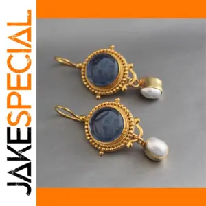 Vintage Blue Drop Earrings with Imitation Pearl