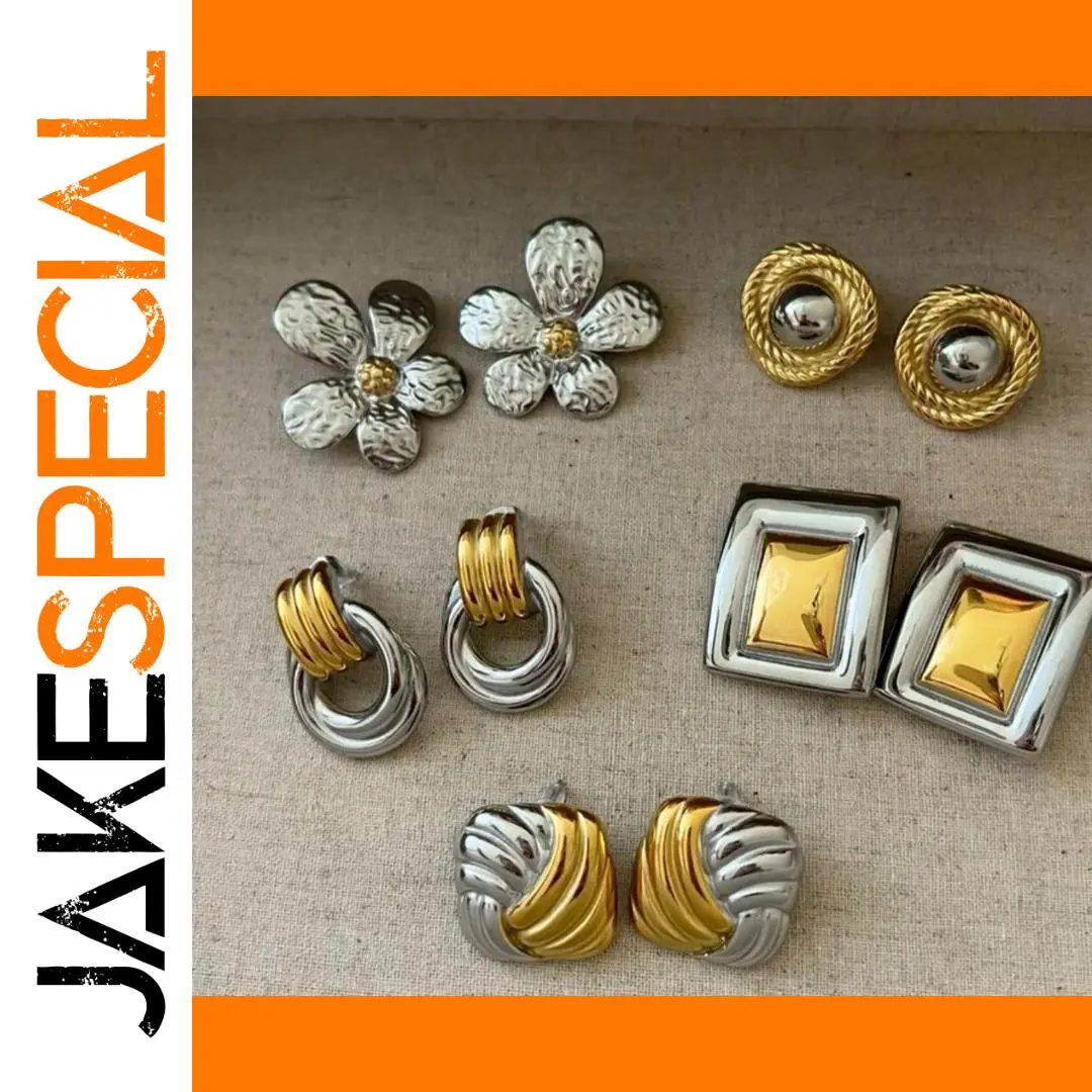 Vintage Stainless Steel Earrings Set with Gold Finish 1 Vintage Stainless Steel Earrings Set with Gold Finish