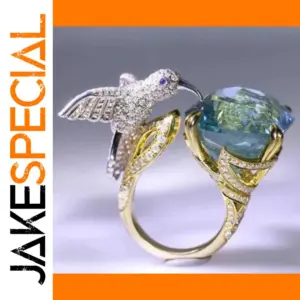 Elegant Blue Sea Cocktail Ring with Hummingbird