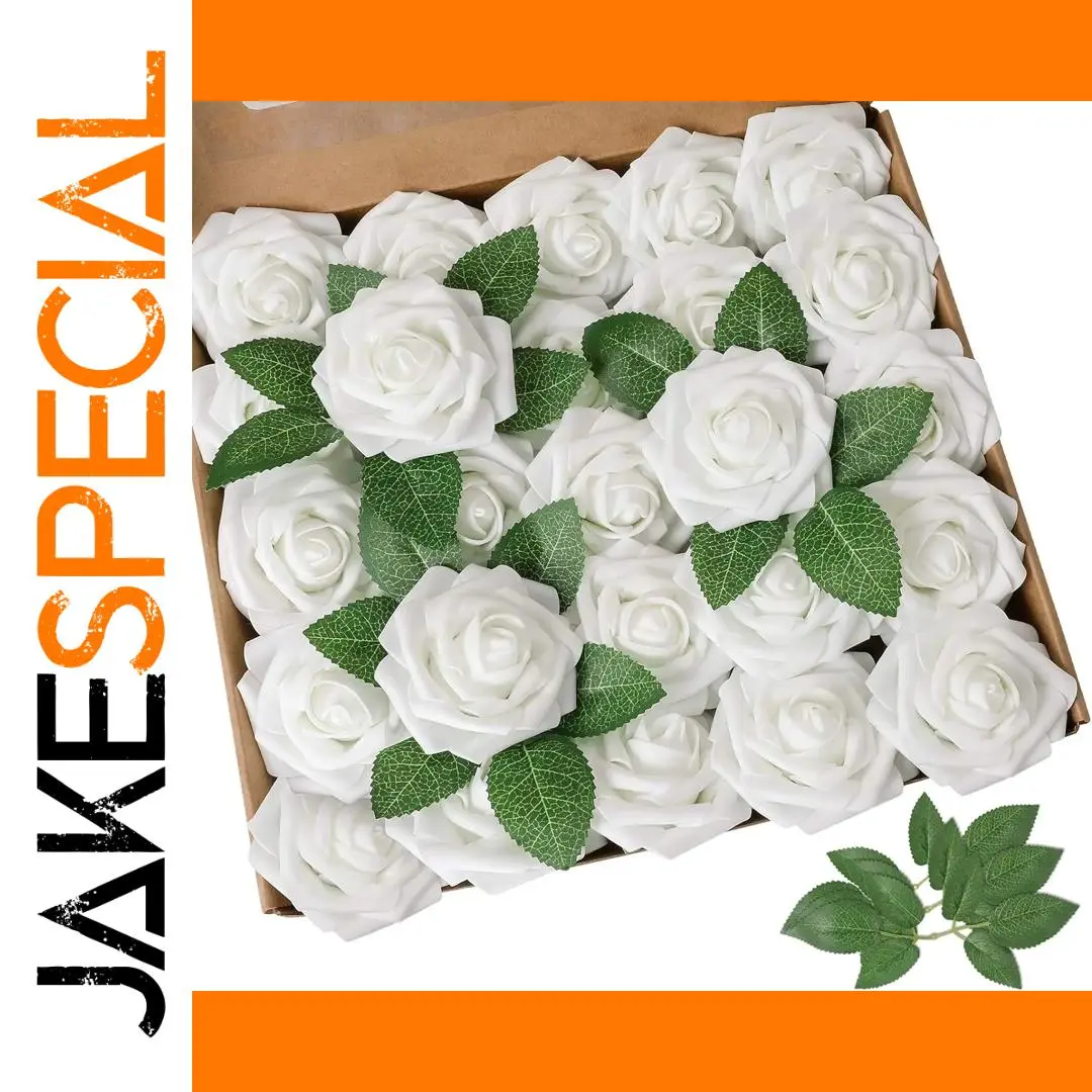 Set of 25 White Artificial Roses with Green Leaves 1 Set of 25 White Artificial Roses with Green Leaves