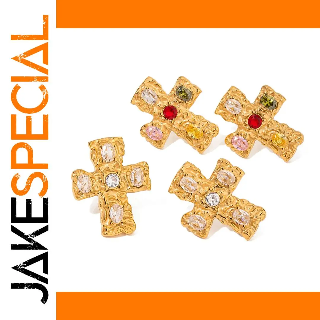 Vintage Stainless Steel Gold Cross Earrings with Zirconia 1 Vintage Stainless Steel Gold Cross Earrings with Zirconia